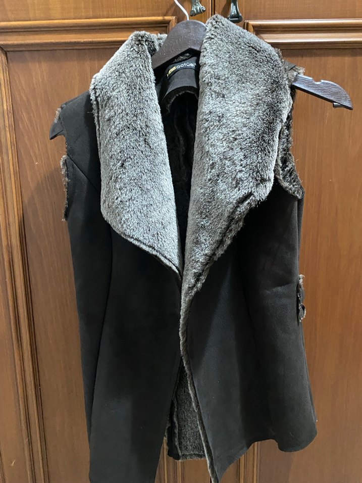 Kahverengi Süet gri Kürklü Kadın Yelek - Görsel 2