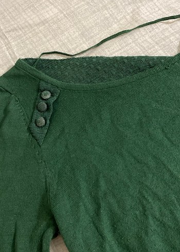 Düğmeli Yeşil Keten Kadın Kazak - Görsel 3