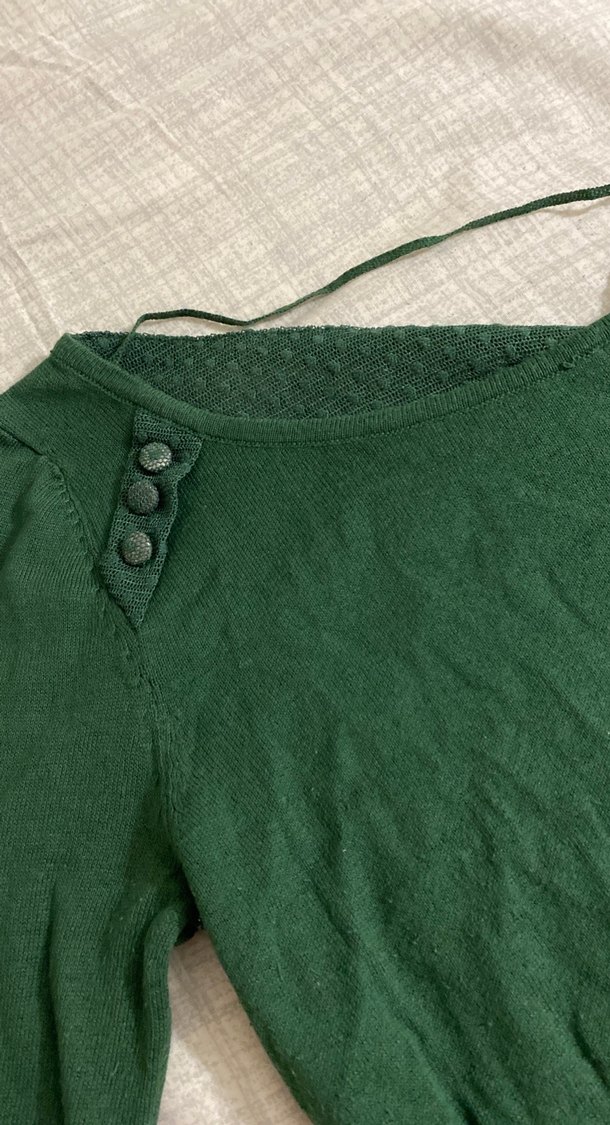 Düğmeli Yeşil Keten Kadın Kazak - Görsel 3