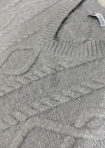 Gri V Yaka Kadın Triko örgü Kazak - Görsel 3