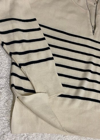 Bej Çizgili Yüksek Yakalı Kadın Kazak - Görsel 4