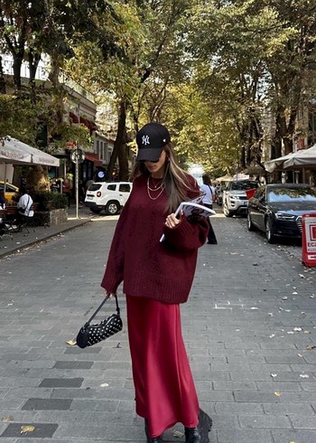 Bordo Kapüşonlu Salaş Kadın Kazak