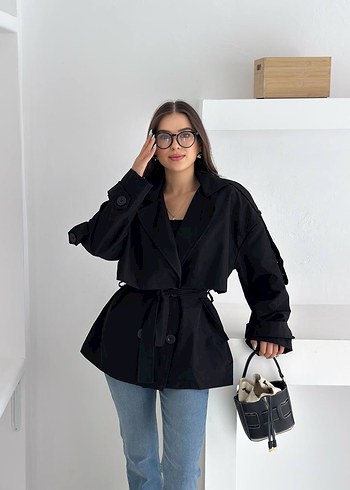 Siyah Kemerli Mini Denim Trençkot