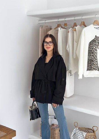Zara Siyah Kemerli Mini Denim Trençkot