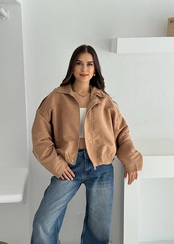 Bej Süet Kadın Bomber Ceket