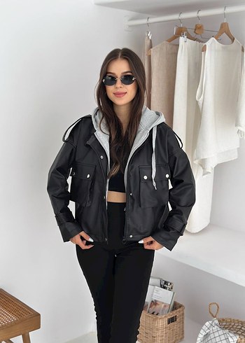 Zara Kapüşonlu Siyah Deri Ceket