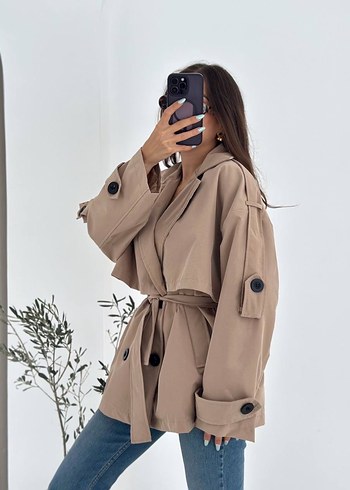 diğer Beden camel Renk Bej Süet Kuşaklı Midi Trençkot