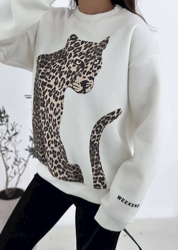 diğer Beden beyaz Renk Leopar Desenli Beyaz Kadın Sweatshirt