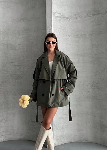 Haki Mini Trençkot, Gevşek Kesim, Sokak Stili sipariş