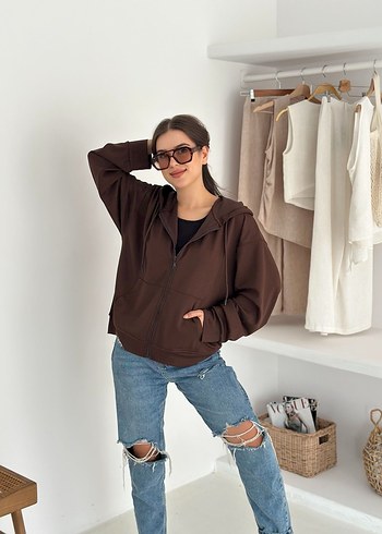 diğer Beden Kadın Kahverengi Fermuarlı Sweatshirt Hırka 