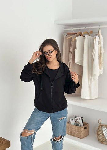 Siyah Denim Kadın Sweatshirt Hırka