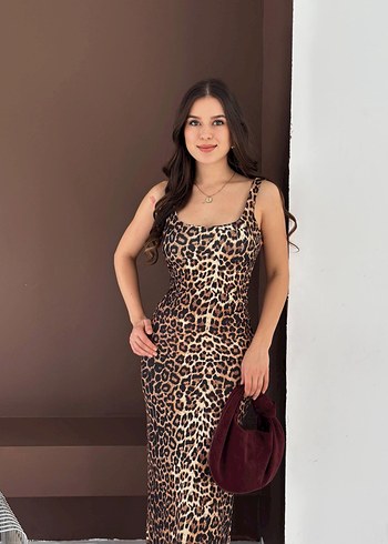 Kahverengi Leopar Desenli Uzun Elbise - Görsel 2