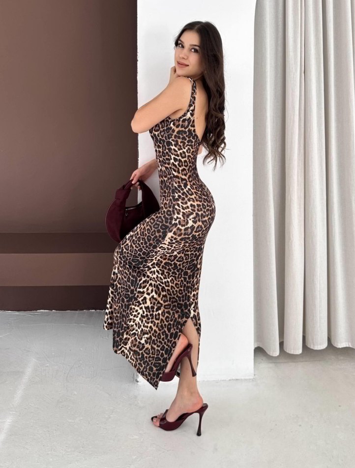 Kahverengi Leopar Desenli Uzun Elbise - Görsel 3