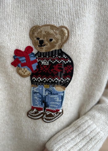 Nakışlı Ayıcık Desenli Bej Triko Kazak - Görsel 4