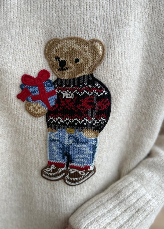 Nakışlı Ayıcık Desenli Bej Triko Kazak - Görsel 4