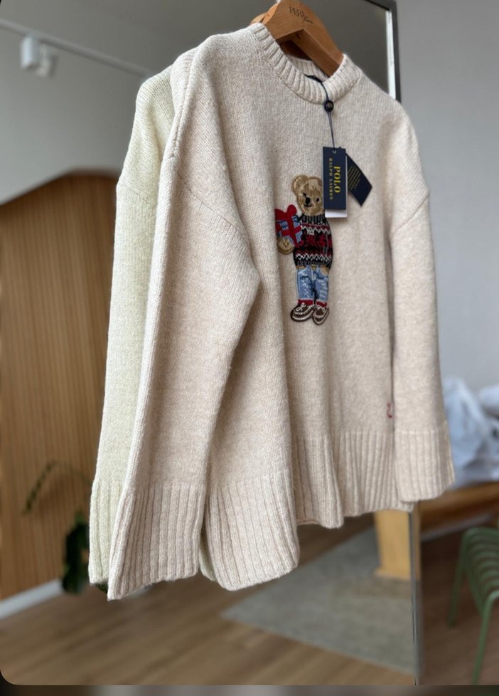 Nakışlı Ayıcık Desenli Bej Triko Kazak - Görsel 5