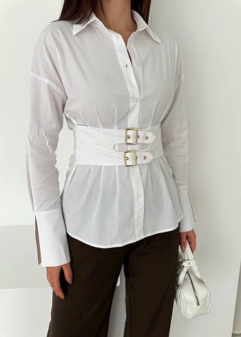 Beyaz Kemerli Kısa Kadın Gömlek - Görsel 2