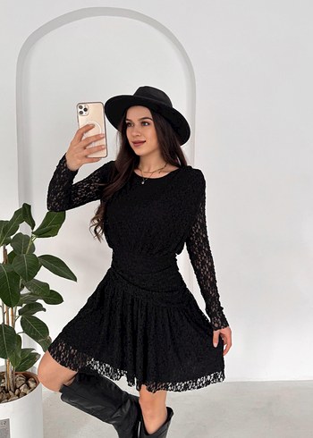 Dantel Detaylı Siyah Mini Goth Elbise - Görsel 2