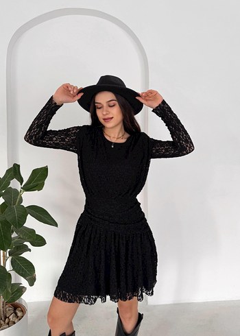 Dantel Detaylı Siyah Mini Goth Elbise - Görsel 3