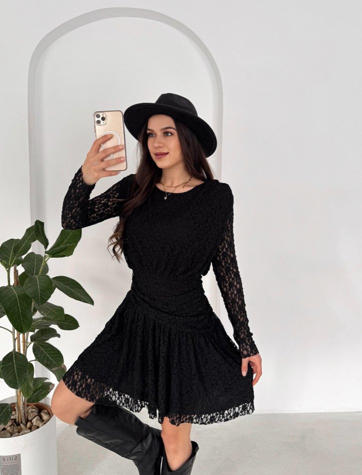 Dantel Detaylı Siyah Mini Goth Elbise - Görsel 2