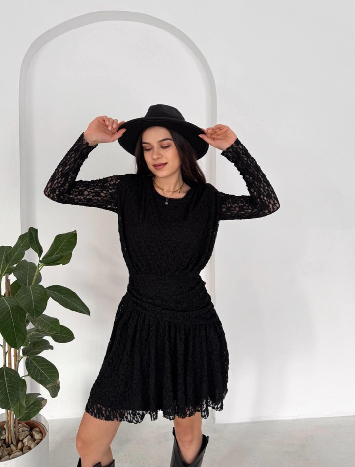 Dantel Detaylı Siyah Mini Goth Elbise - Görsel 3
