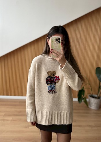 Nakışlı Uzun Kollu Kadın Triko Kazak - Görsel 4