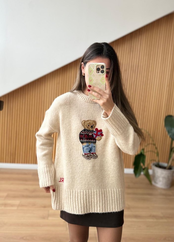 Nakışlı Uzun Kollu Kadın Triko Kazak - Görsel 5