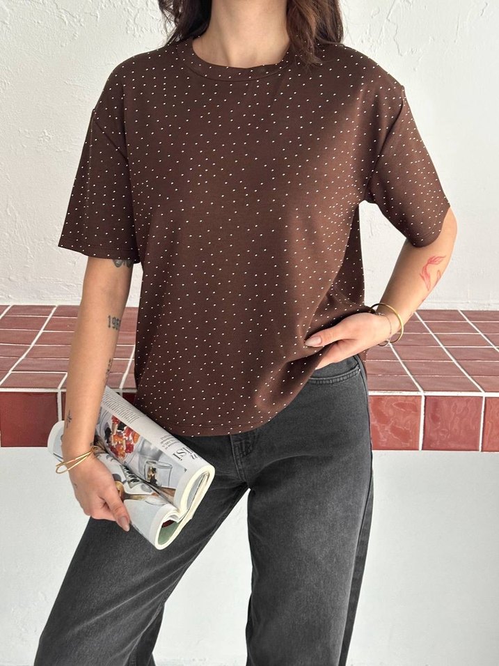 Kahverengi Baskılı Kısa Kollu Tişört - Görsel 2