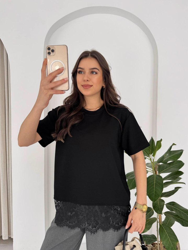 Siyah Dantel Detaylı Kadın Tişört - Görsel 2