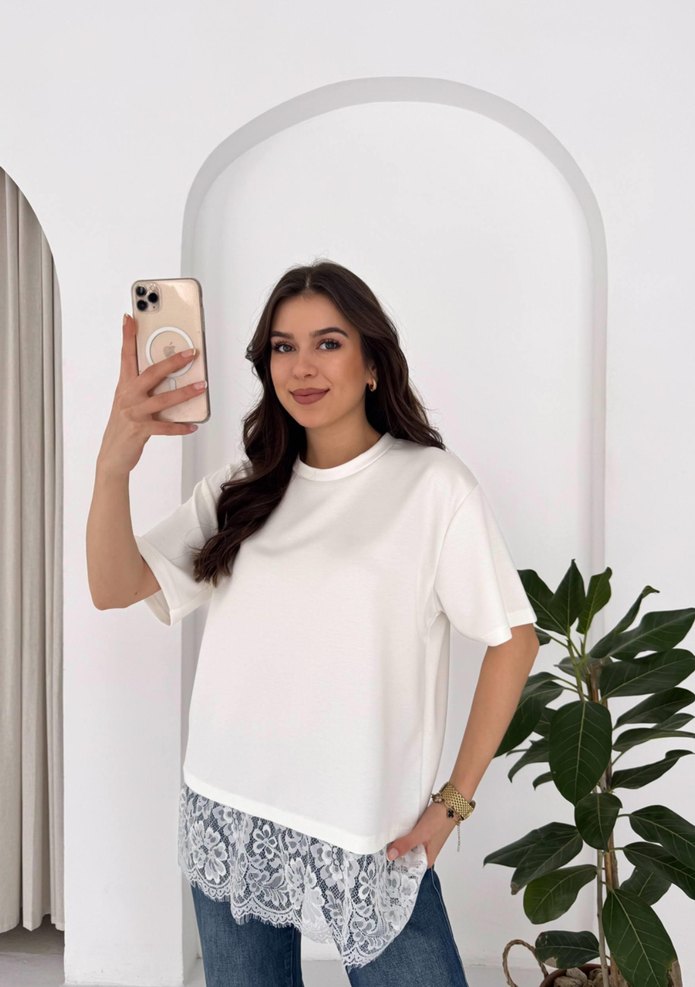 Dantel Detaylı Beyaz Kadın Tişört - Görsel 2