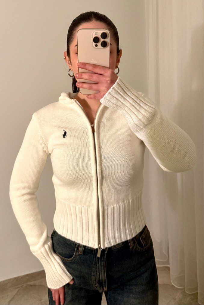 Beyaz Fermuarlı Örgü Kadın Kazak - Görsel 2