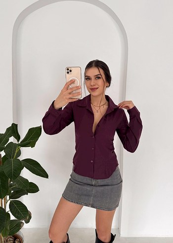 Düğmeli V Yaka Kadın Mor Bluz - Görsel 3
