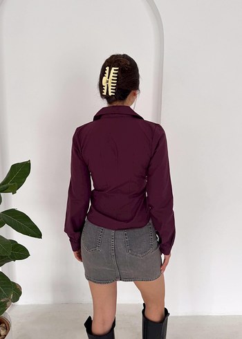 Düğmeli V Yaka Kadın Mor Bluz - Görsel 2