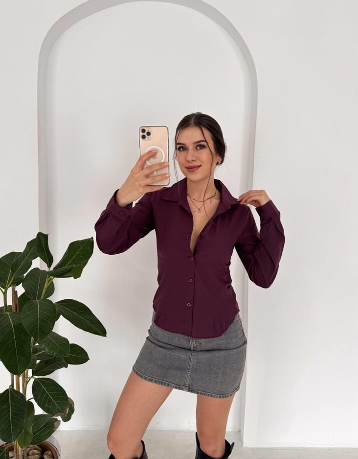 Düğmeli V Yaka Kadın Mor Bluz - Görsel 3