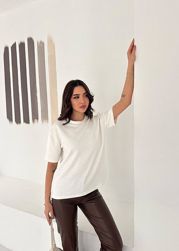 Beyaz  Kısa Kollu Kadın Tişört - Görsel 4