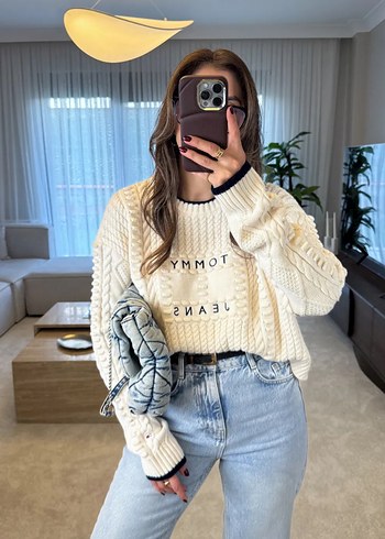 Nakışlı Bej Örgü Kadın Triko - Görsel 2