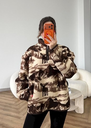 Diğer Dag Desenli Oversize Polar Kapusonlu Sweatshirt