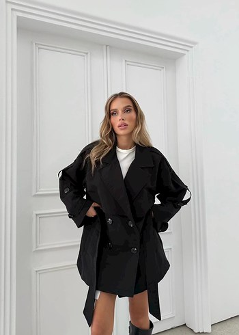 Siyah Mini Kadın Trençkot