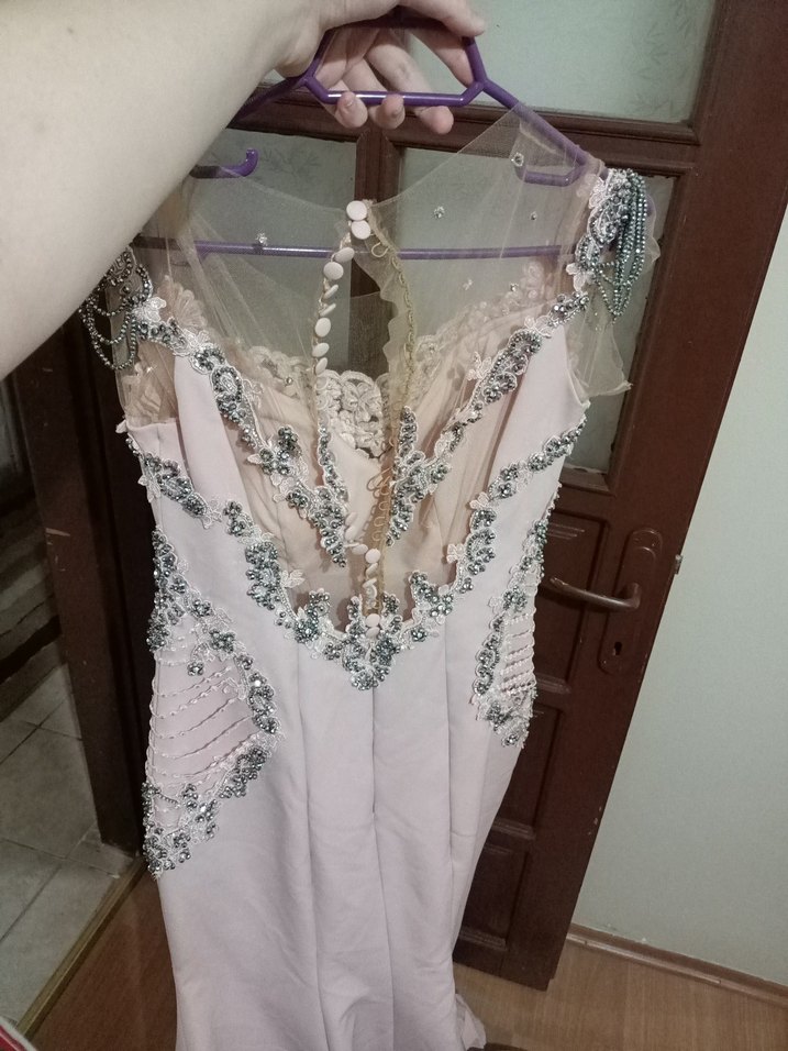 Pembe Nakışlı Taşlı Uzun Abiye Elbise - Görsel 3