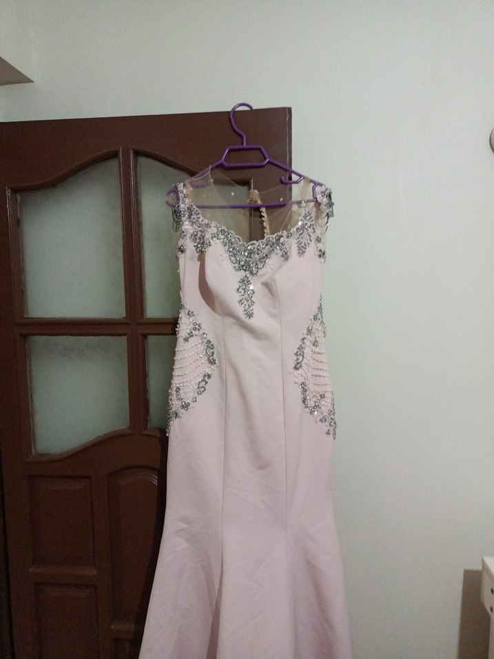 Pembe Nakışlı Taşlı Uzun Abiye Elbise - Görsel 2