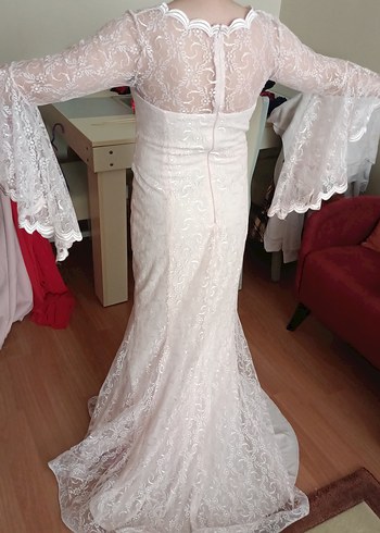 Toz Pembe Dantel İşlemeli Uzun Kollu Kadın Abiye Nikah Elbise - Görsel 5