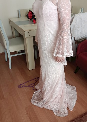Toz Pembe Dantel İşlemeli Uzun Kollu Kadın Abiye Nikah Elbise - Görsel 6