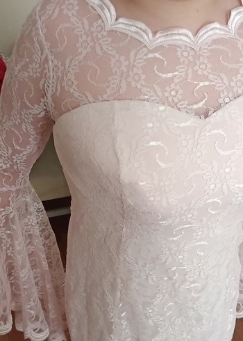 Toz Pembe Dantel İşlemeli Uzun Kollu Kadın Abiye Nikah Elbise - Görsel 7