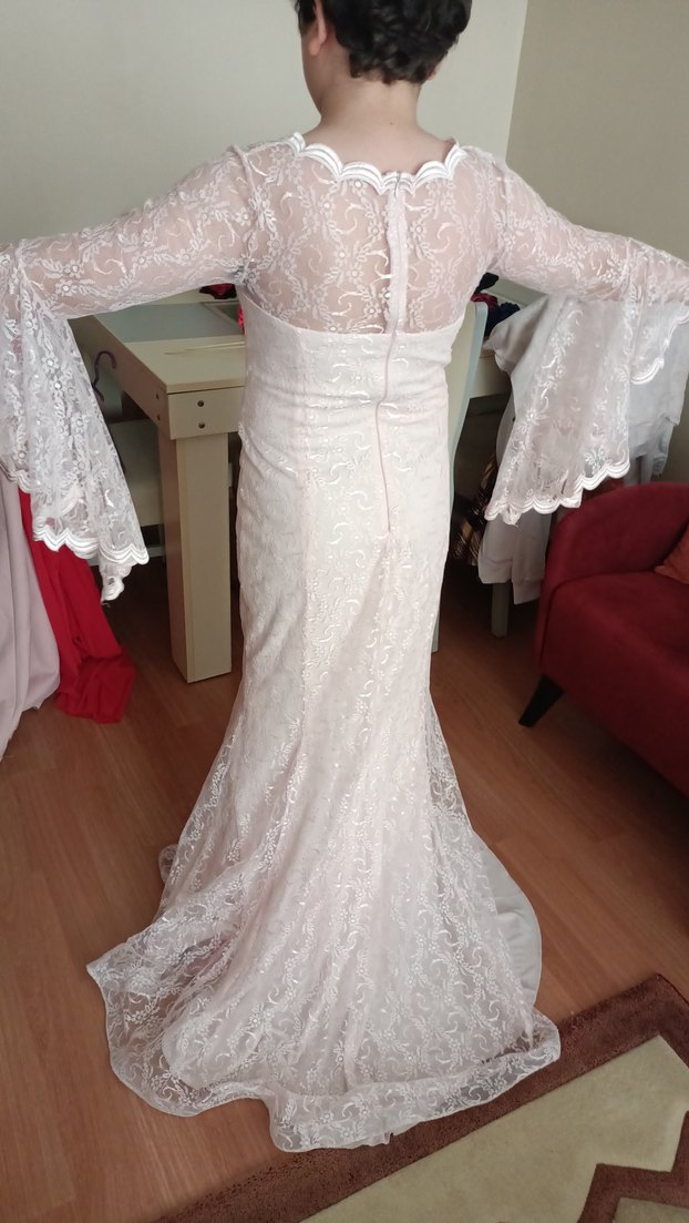 Toz Pembe Dantel İşlemeli Uzun Kollu Kadın Abiye Nikah Elbise - Görsel 5