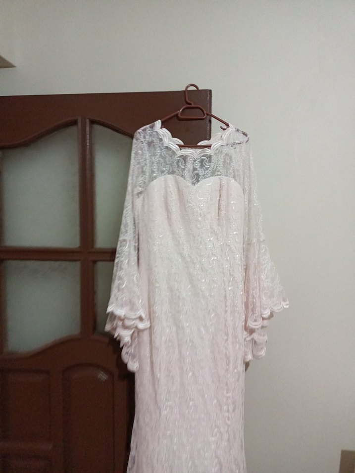 Toz Pembe Dantel İşlemeli Uzun Kollu Kadın Abiye Nikah Elbise - Görsel 2