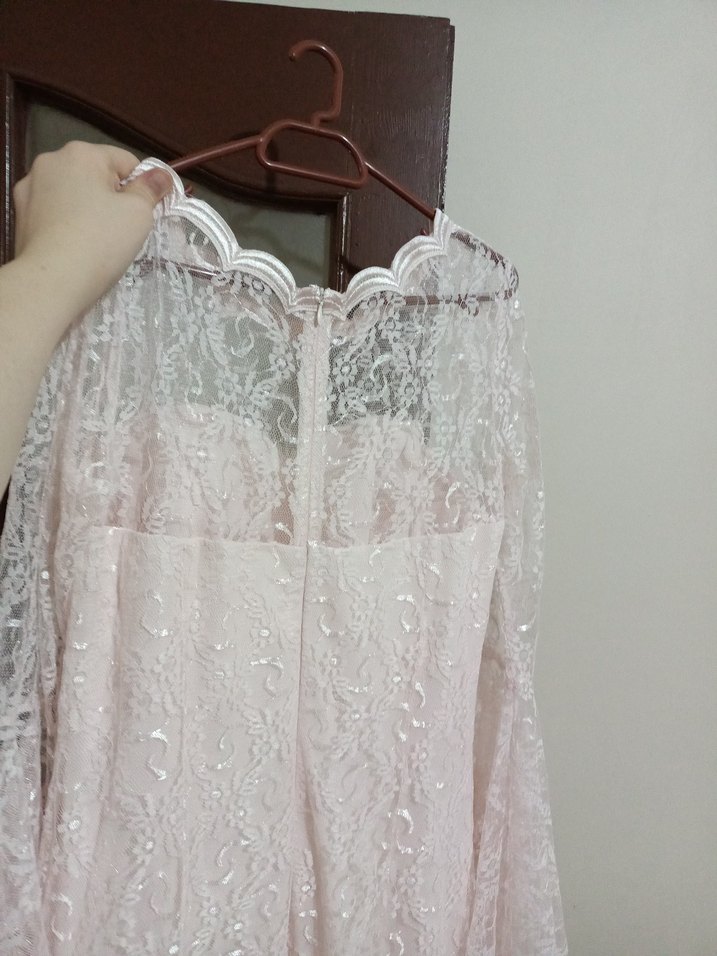 Toz Pembe Dantel İşlemeli Uzun Kollu Kadın Abiye Nikah Elbise - Görsel 4