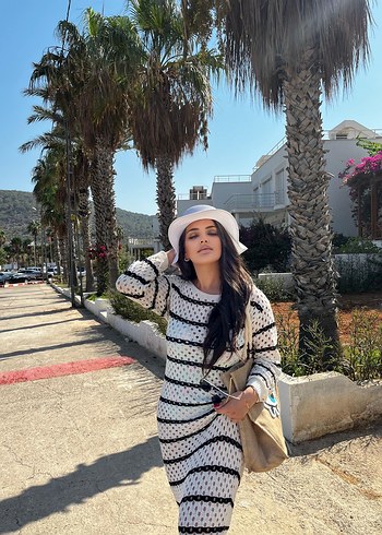 l Beden Uzun Kollu Fit Zebra Desenli Triko Elbise l ve xl beden uyumlu