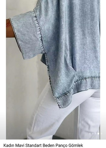 Mavi Bağlama Desenli Kısa Denim Gömlek - Görsel 4