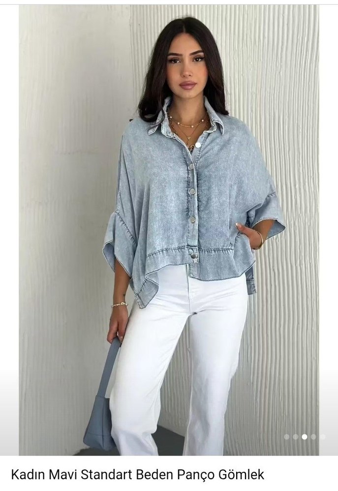 Mavi Bağlama Desenli Kısa Denim Gömlek - Görsel 2