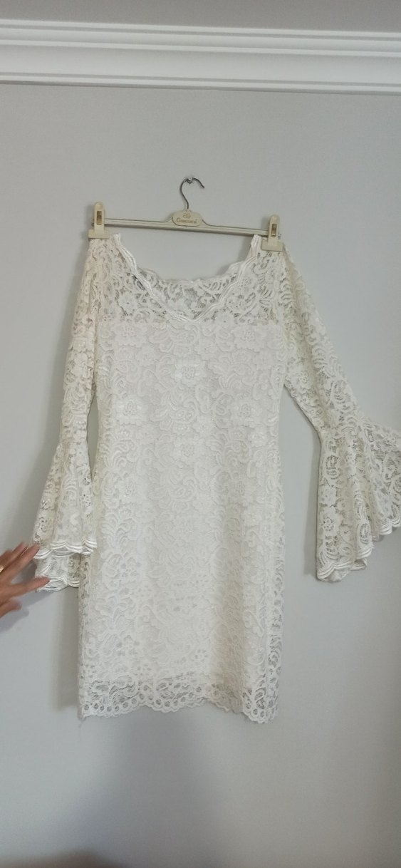 Dantel İşlemeli Beyaz Mini Abiye Elbise - Görsel 5